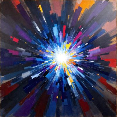 The primary subject of the image is a bright, colorful, and abstract artwork featuring a sun-like center surrounded by a swirling, colorful pattern. The setting is a black background, which contrasts with the vibrant colors of the artwork. The visual style is a combination of digital art and illustration, creating a unique and eye-catching piece. The dominant colors are blue, yellow, and orange, giving the artwork a warm and lively atmosphere.